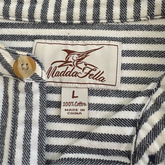 Madda Fella Castaway Striped Band Collar Shirt Mens L 100% Cotton Blue White - Picture 4 of 10